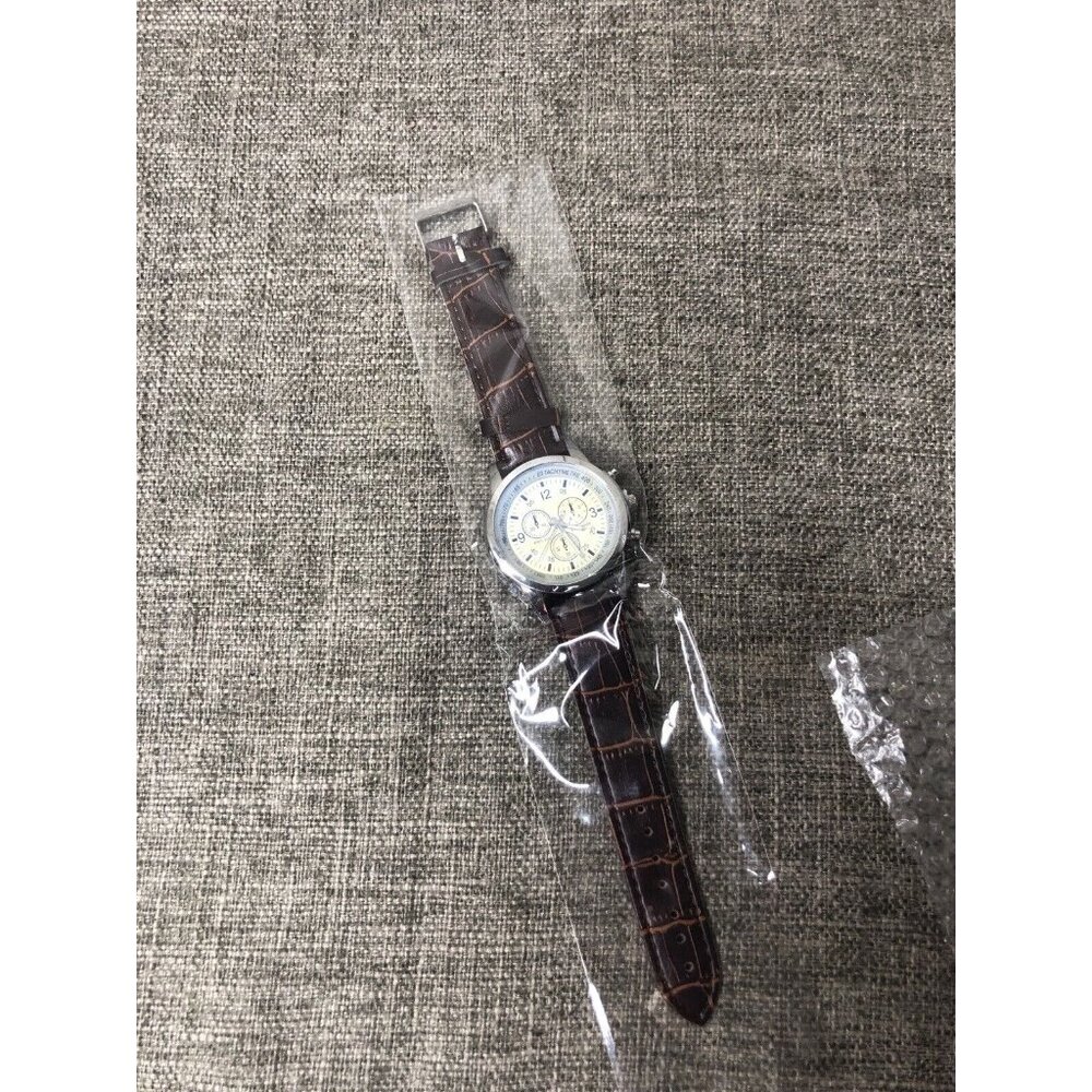 Mens Quartz Analog Wrist Watch with 3 Subdials Brown Band Luminous Hands